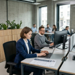 Obraz przedstawia realistyczne, profesjonalne środowisko biurowe typu open space, odzwierciedlające standardy pracy stacjonarnej w 2026 roku