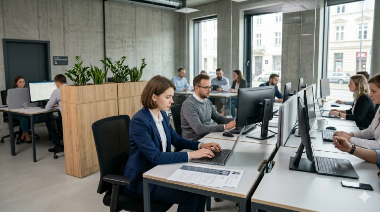 Obraz przedstawia realistyczne, profesjonalne środowisko biurowe typu open space, odzwierciedlające standardy pracy stacjonarnej w 2026 roku